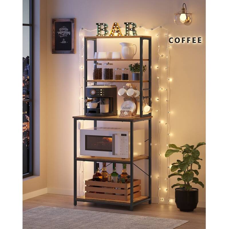 Kitchen Tall Utility Microwave Oven Storage Shelf Stand with 6 Hooks and Metal Frame - 23.6" x 15.7" x 65.7"