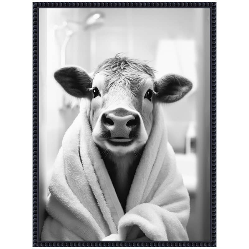 Kate and Laurel Sylvie Cow Bathroom Art Towel Robe Black and White Framed Canvas by The Creative Bunch Studio