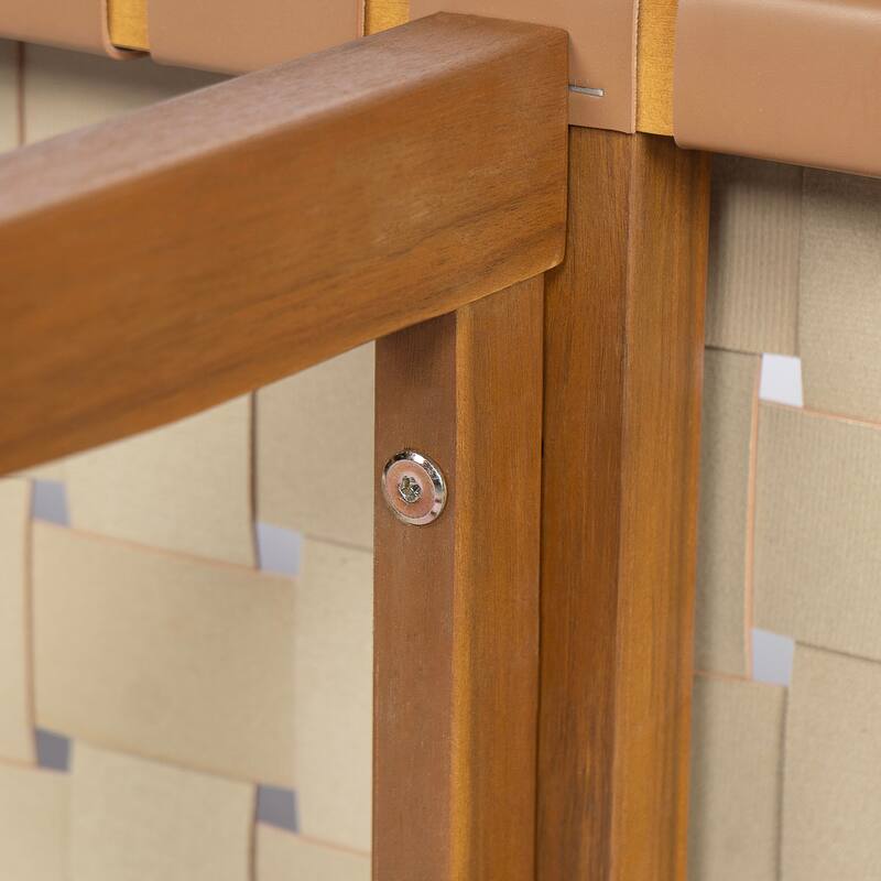 Roomfitters Acacia Wood Bedroom Bench with Woven PU Leather Seat, Teak Finish