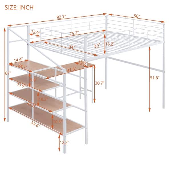 dimension image slide 0 of 2, Full Metal Loft Bed with Desk & Storage Ladder - Stylish Space-Saving