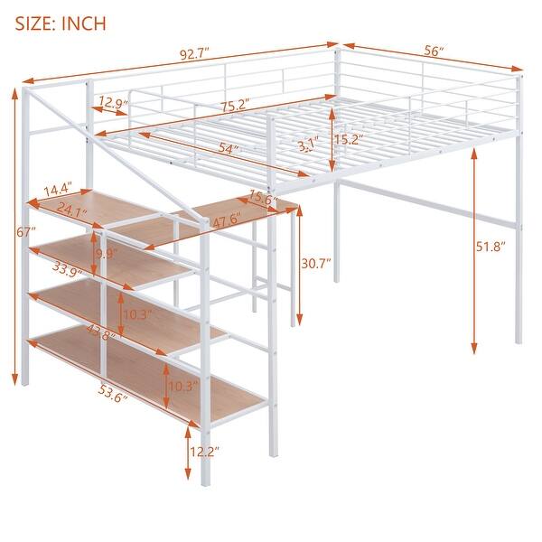 White Loft Metal Bed with Desk and Guardrails Full Size Loft Bed Frame with Lateral Shelf Storage Ladder for Kids Teens Bedroom