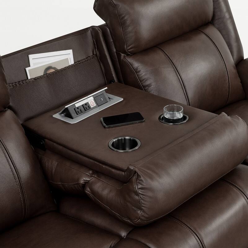 Spruce & Spring Genuine Leather Power Reclining Sofa with Optional Console & Flip-Down Table