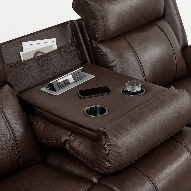 Spruce & Spring Genuine Leather Power Reclining Sofa with Optional Console & Flip-Down Table