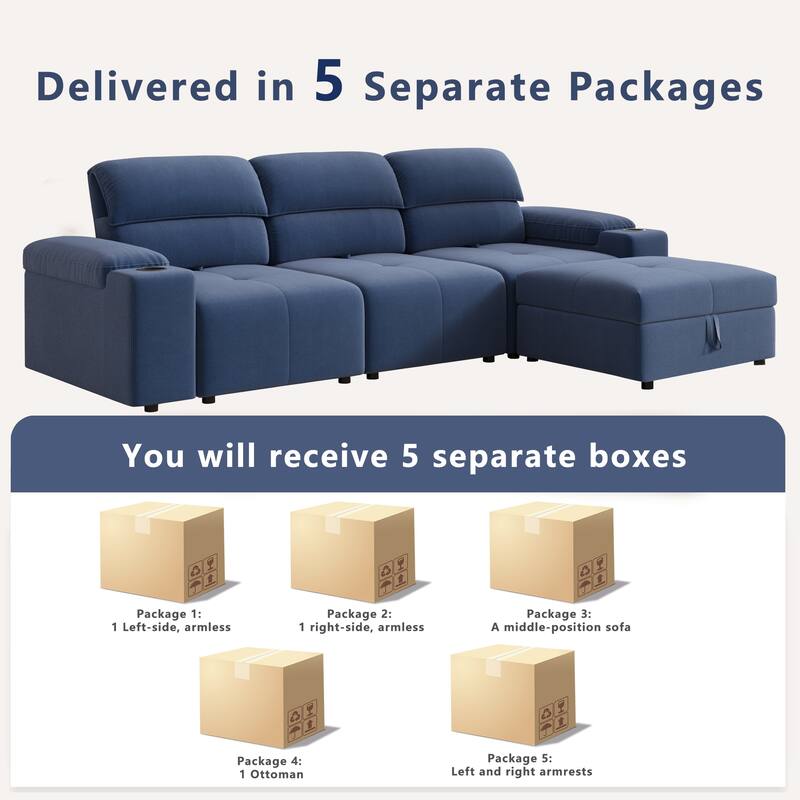 Down Filling Modular Deep Seat Couch L-shaped Sectional Sofa with Adjustable Backrest, Cup Holders, Storage Armrests and Ottoman