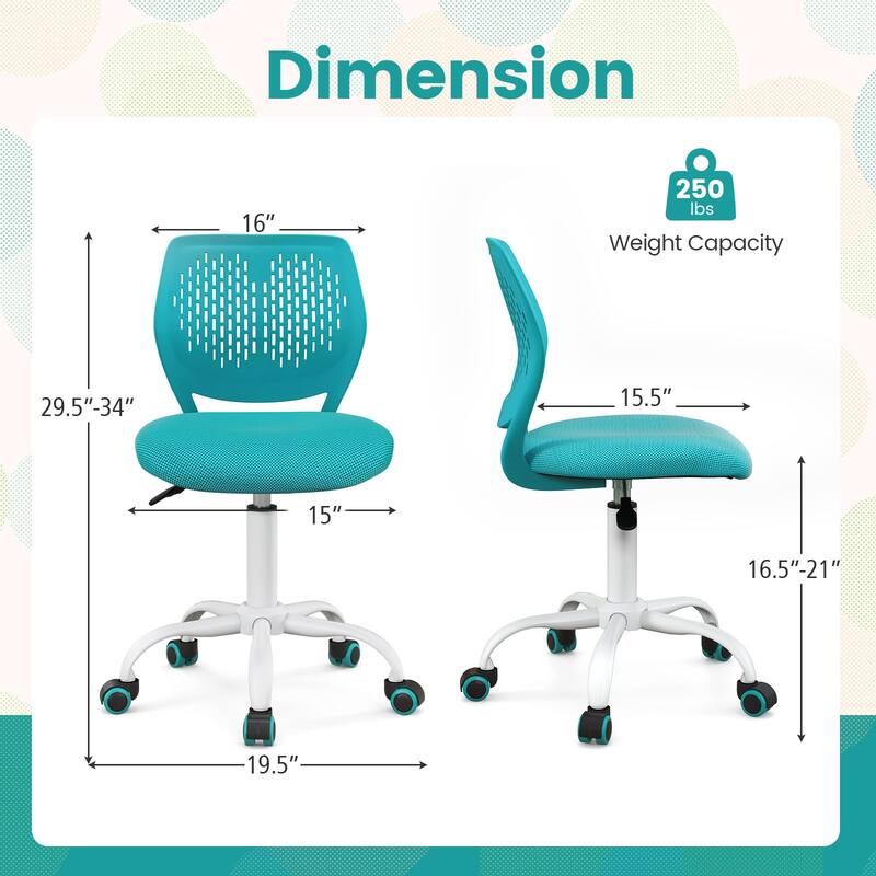 Ergonomic Children Study Chair with Adjustable Height - 19.5”L x 19.5”W x 29.5”-34”H