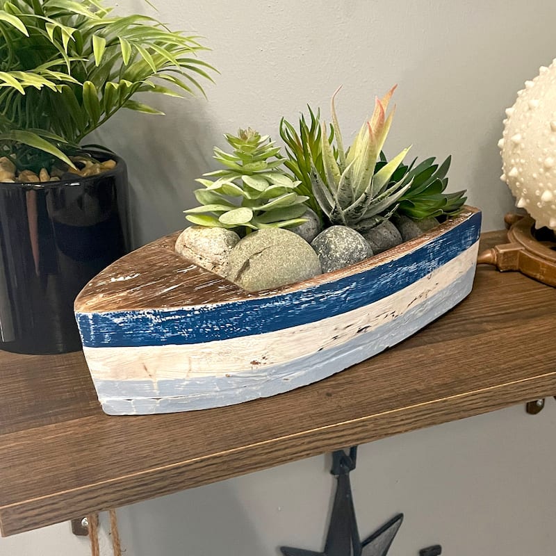 12 Inch Wooden Boat Tray Nautical Blue Coastal Decor Centerpiece - 2.5 X 12 X 5.25 inches