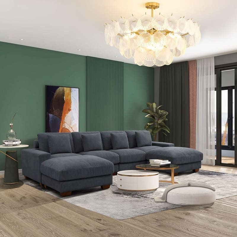 123'' Corduroy Upholstered U-Shaped 6-Piece Sectional Sofa - Dark Grey