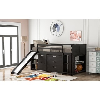 Twin Low Loft Bed with Slide, Drawers & Guardrails - Solid Wood