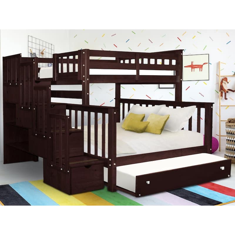 Taylor & Olive Trillium Twin over Full Stairway Bunk Bed, Twin Trundle - Dark Cherry