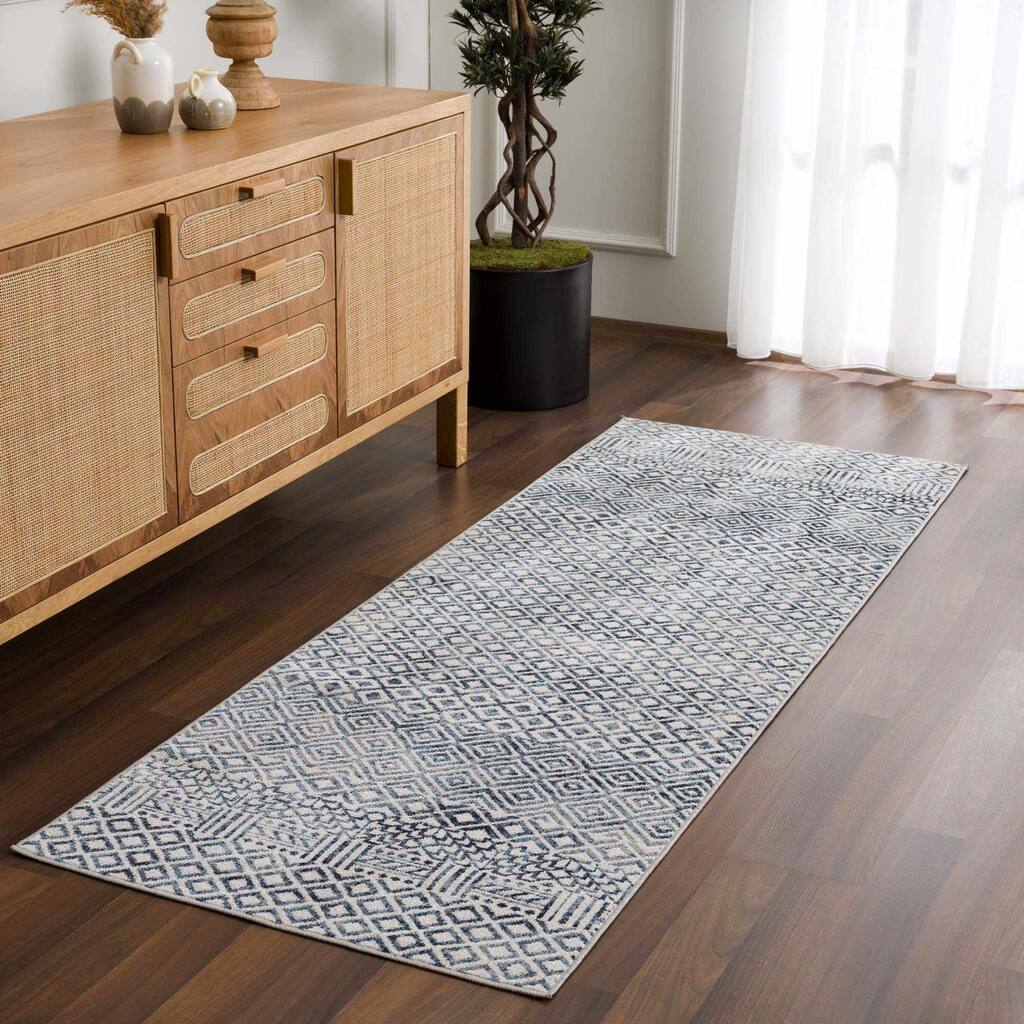 Hauteloom Askeaton Hallway, Kitchen Machine Washable Runner Rug - Teal, Blue, Gray - 2'7" x 7'3"