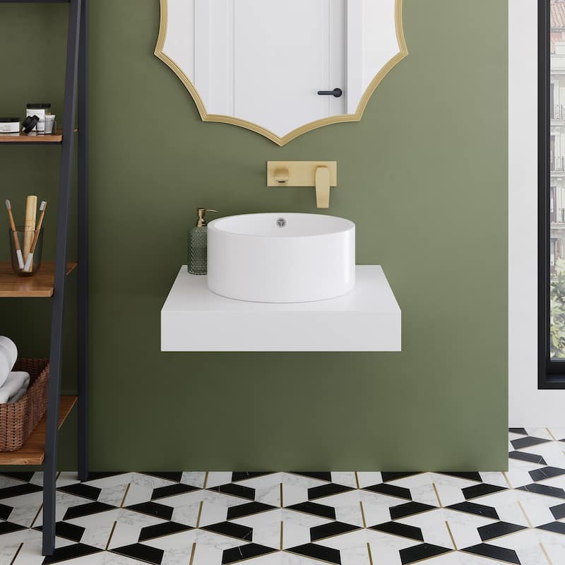 Monaco 24" Floating Bathroom Shelf With Vessel Sink In Glossy White - 23.75" x 21.81" x 9.49"