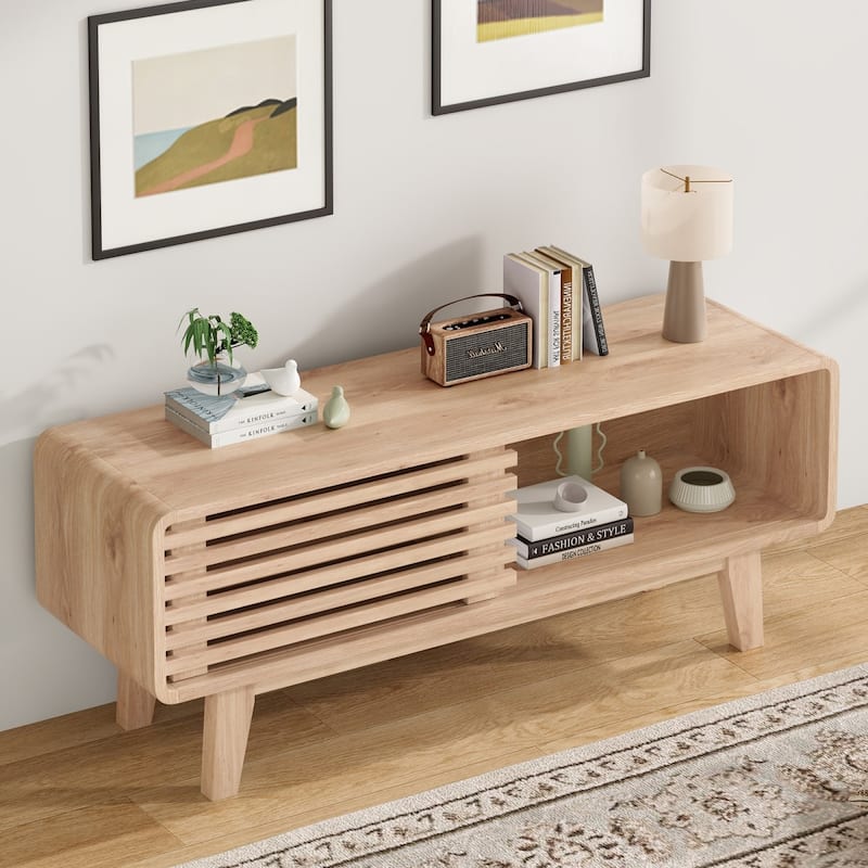 Mid-Century Modern TV Stand for TV Up to 59" with Sliding Slatted Door