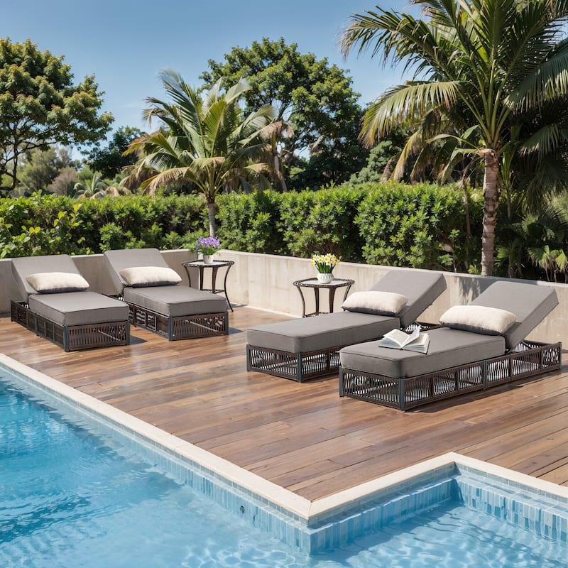 Pocassy Outdoor 5 Inch Reclining Chairs with Adjustable Backrest - 6-Piece Brown Wicker Gray Cushion
