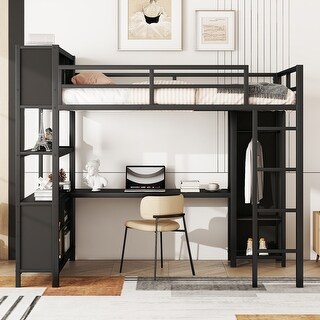 Metal Loft Bed with Storage Cubes, Shelves, Wardrobe And L-shaped Desk, Full Size, Black