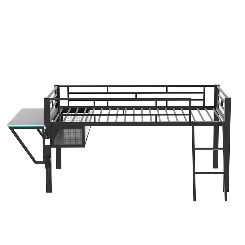 Twin Size Loft Bed with LED and Bed Tail Gaming Desk, Junior Metal Bed Frame with Angled Ladder and Safety Guard for Bedroom