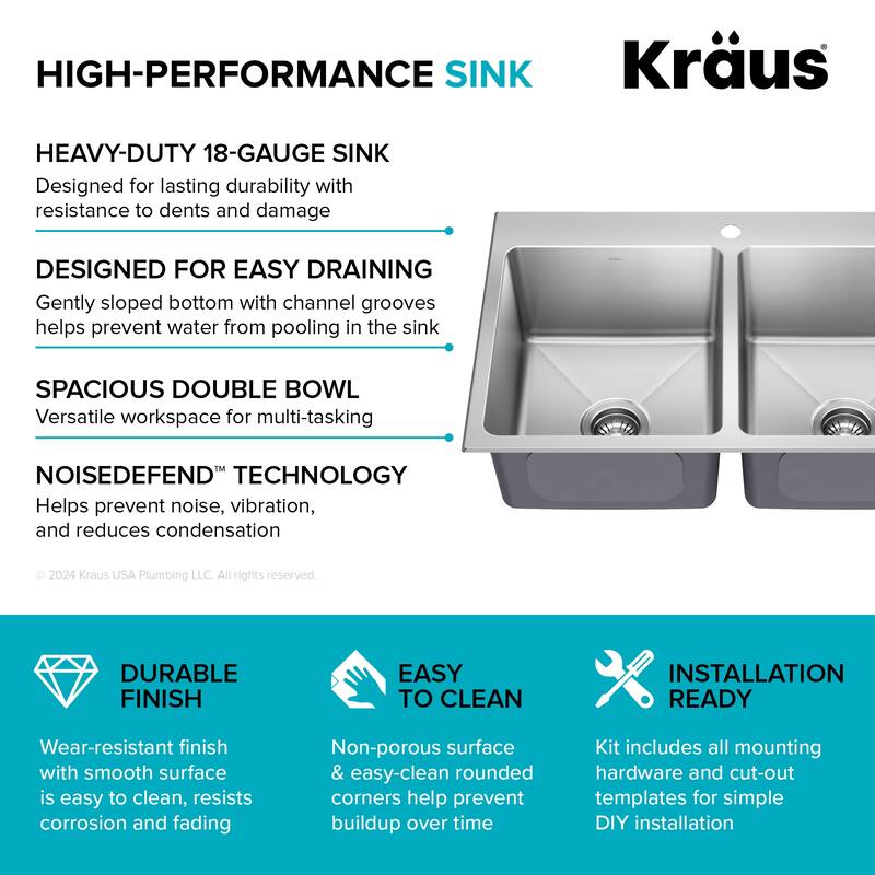 KRAUS Fairlane Drop In Top Mount 18 Gauge Stainless Steel Kitchen Sink