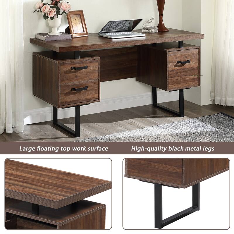 Modern Walnut Desk with 3 Drawers and Hanging File Storage and Waterproof 27 inch Surface for Home Office or Small Workspaces