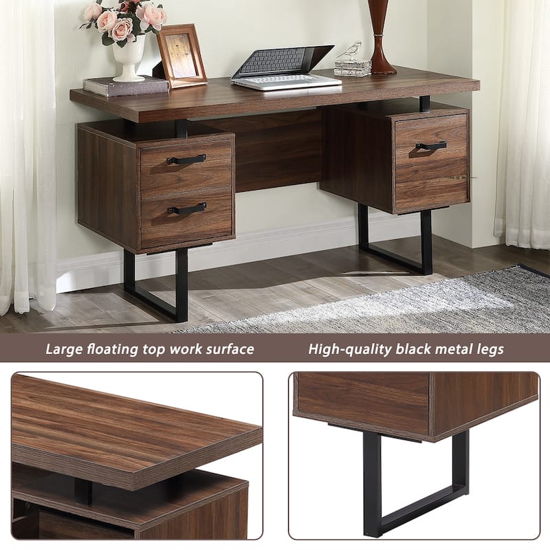 Roomfitters Home Office Desk with Drawers, 59" Writing Table with Hanging File Storage, Study Workstation, Walnut