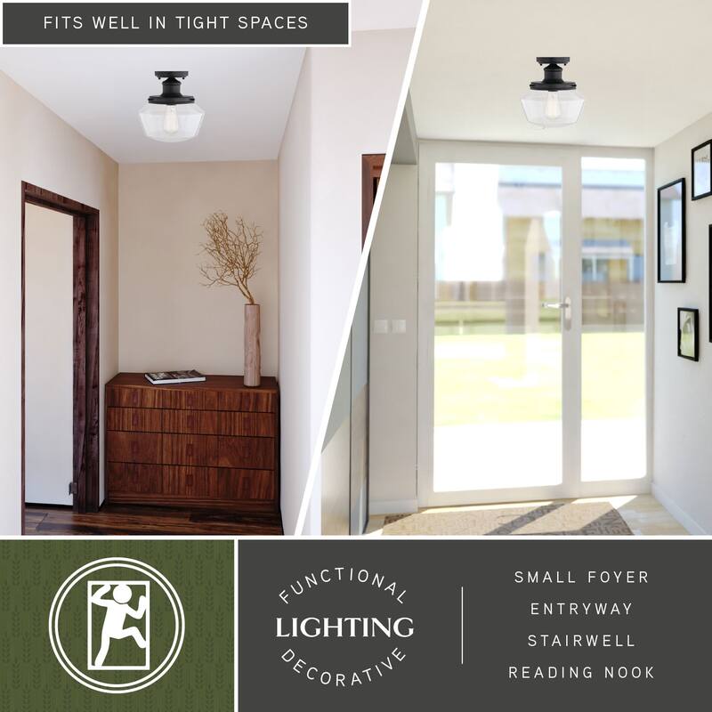 Collins Black Farmhouse Outdoor Flush Mount Ceiling Light Clear Schoolhouse Glass - 10-in. W x 10.5-in. H x 10-in. D