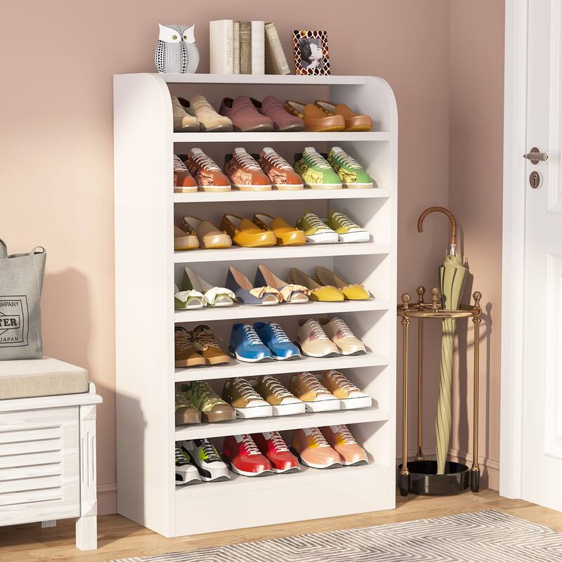 Modern Shoe Rack for Entryway, 8-Tier Tall Shoe Shelf, Wooden Shoe Storage Cabinet - 25.59” L x 11.81” W x 47.24” H - White