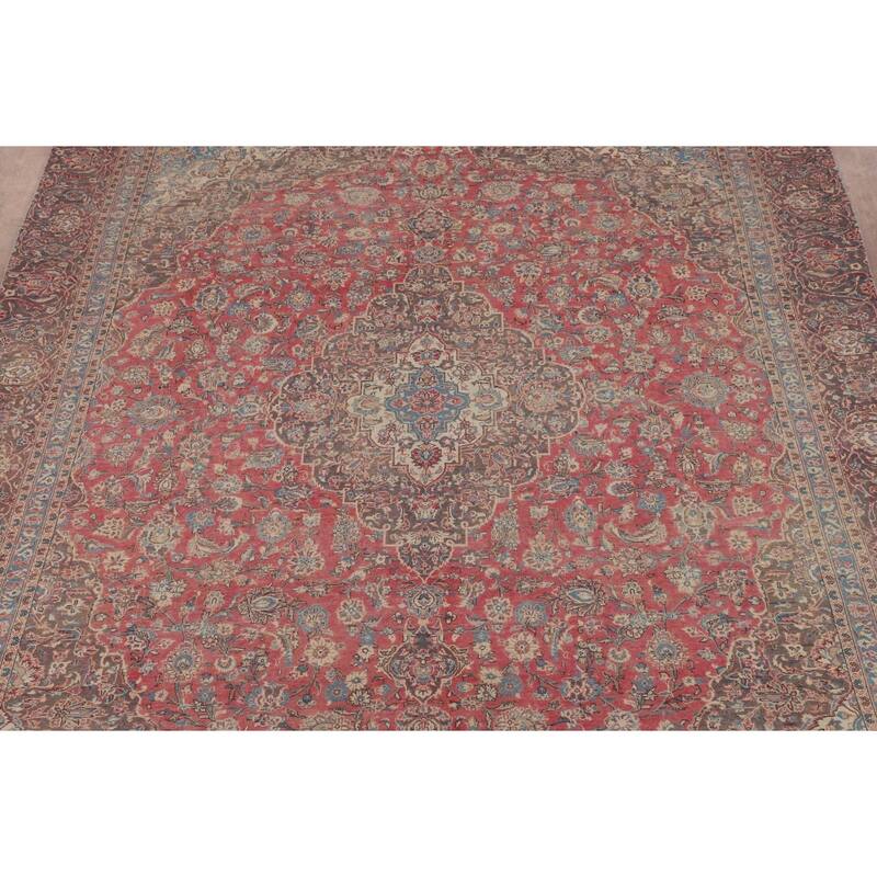 Traditional Pink Kashan Persian Vintage Rug Hand-Knotted Wool Carpet - 9'0"x 11'9"