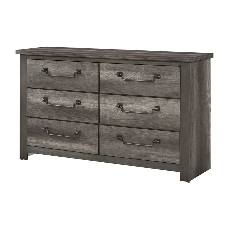 Nemy 59 Inch Dresser, 6 Drawers, Gray Melamine Board, Drop Handles