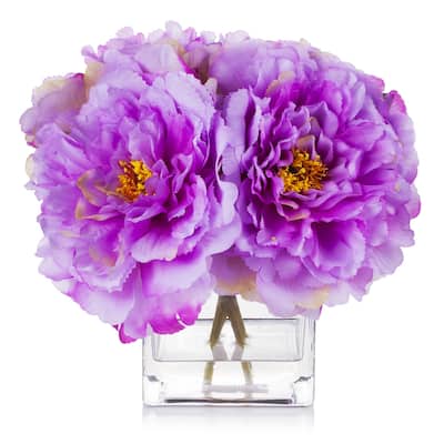 Enova Home Artificial Silk Peony Fake Flowers Arrangement in Cube Glass Vase with Faux Water for Home Wedding Decoration