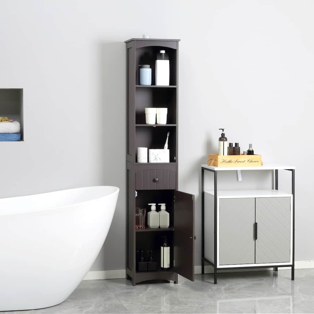 Brown MDF Tall Bathroom Cabinet with Drawer Shelves Cabinet Storage for Small Spaces - 13.5" W x 9.5" D x 67" H