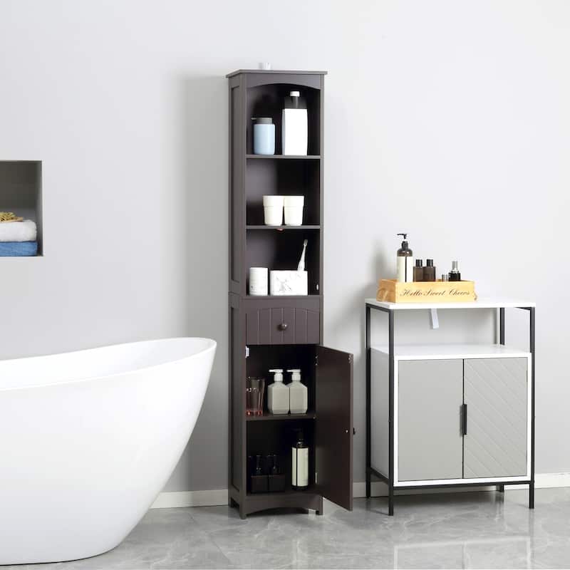 HOMCOM Bathroom Storage Cabinet, Free Standing Bath Storage Unit, Tall Linen Tower with 3-Tier Shelves and Drawer, Brown - Black