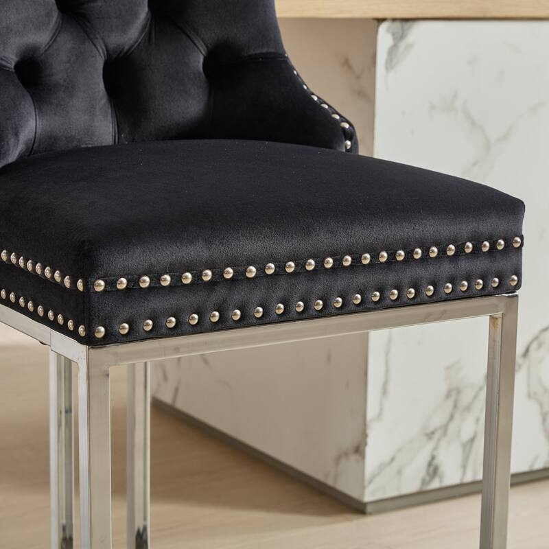 Set of 2 Modern 25 Inch Counter Bar Stools Velvet Upholstered Button Back Chrome Legs