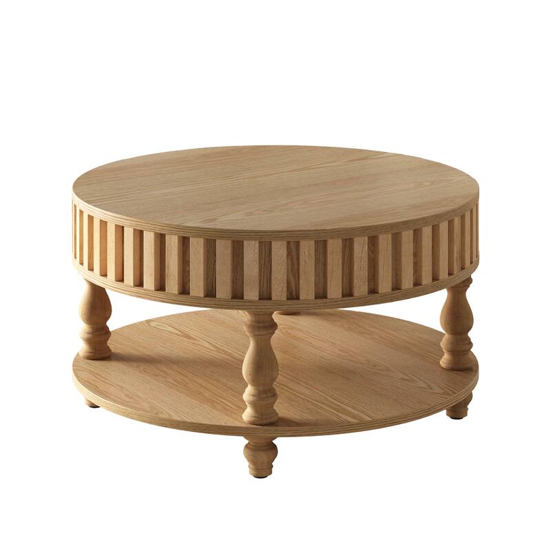 31.5" Farmhouse Round Fluted Coffee Table with Flip-Top Lids and Spacious Hidden Storage
