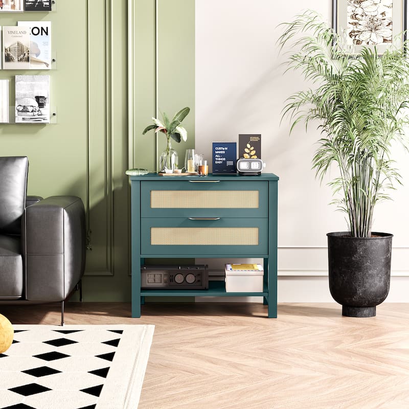 Rattan Nightstand with 2 Drawers and Storage Shelf Boho Bedside Narrow Side Table for Bedroom