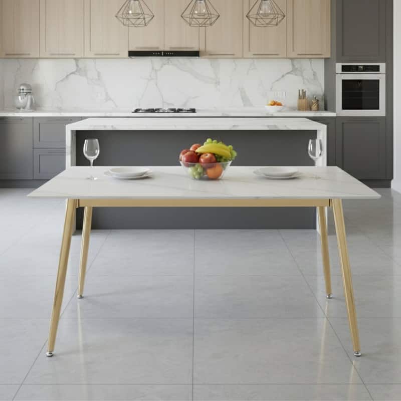 Zayle Modern Mid-Century Glass or Sintered Stone Rectangular Tabletop Dining Table with Powder-Coated Gold Steel Base