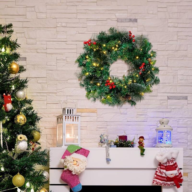 Joyfy 20" Artificial Christmas Wreath with 15" Hanger, Battery Operated