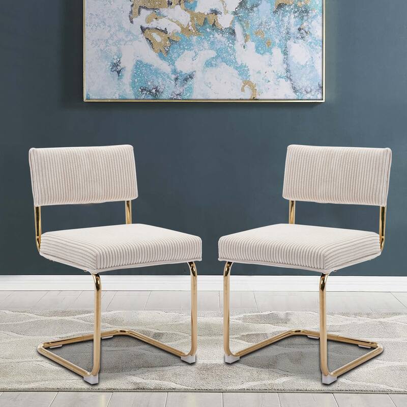 Contemporary Stylish Set of 2 Upholstered Dining Chairs with Non-Slip Foot Pads - Beige+Gold