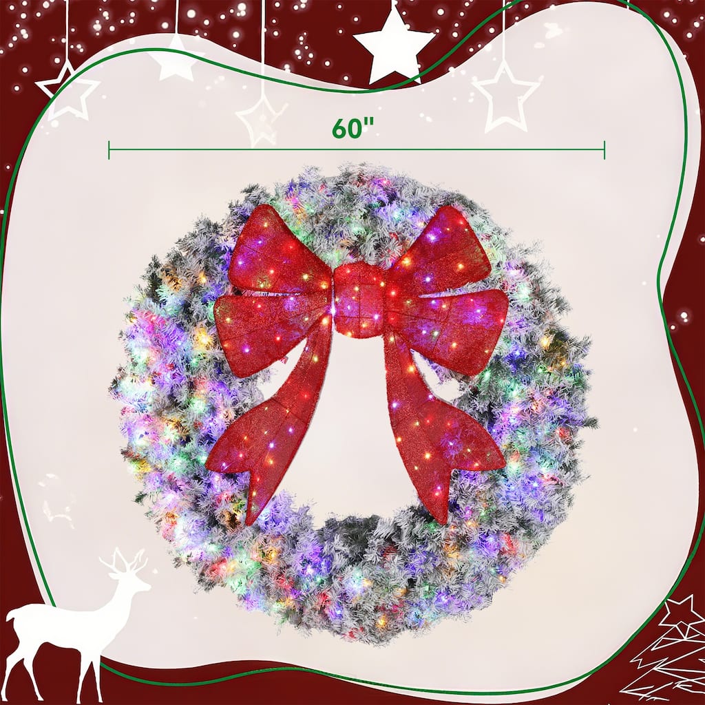 HOMCOM 60in Pre-Lit Flocked Wreath: 300 LED, 11 Modes, Remote, 3D Bow, 996 Tips, Indoor/Outdoor
