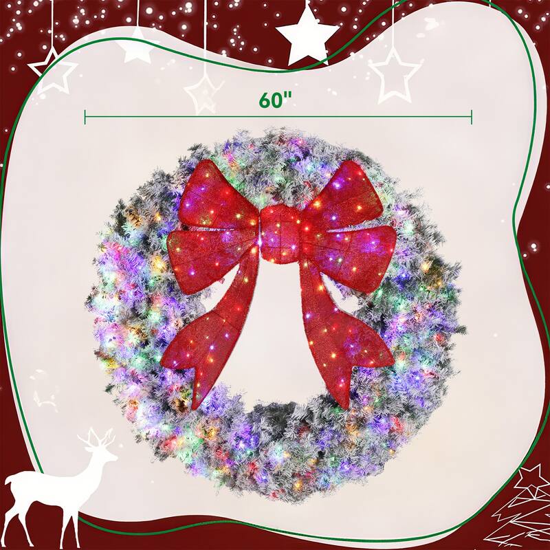 HOMCOM 60in Pre-Lit Flocked Wreath: 300 LED, 11 Modes, Remote, 3D Bow, 996 Tips, Indoor/Outdoor - Multi