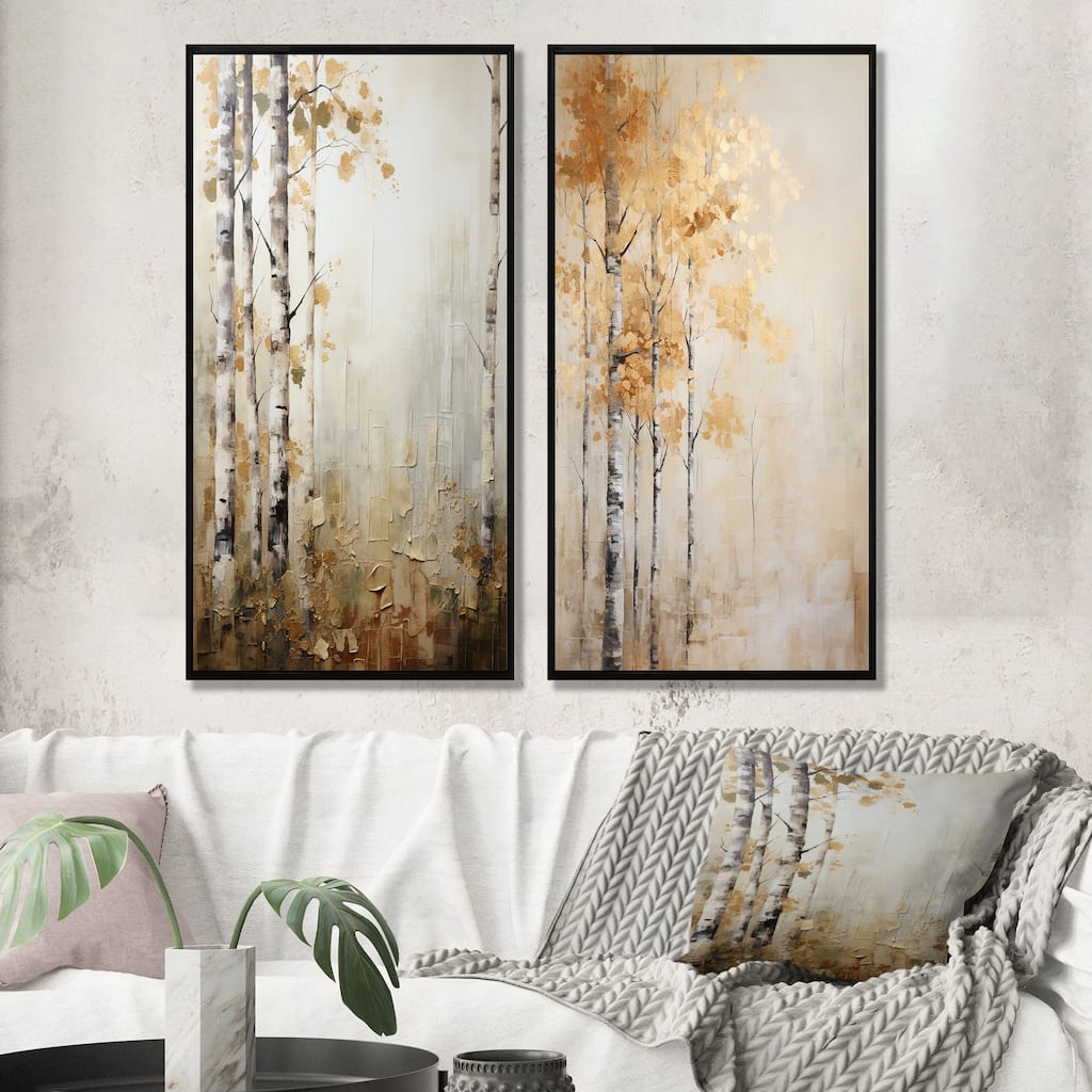 Designart "Beige And Gold Minimalism Forest" Forest Framed Wall Art Set Of 2 - Traditional beige Wall Decor 2 Pieces