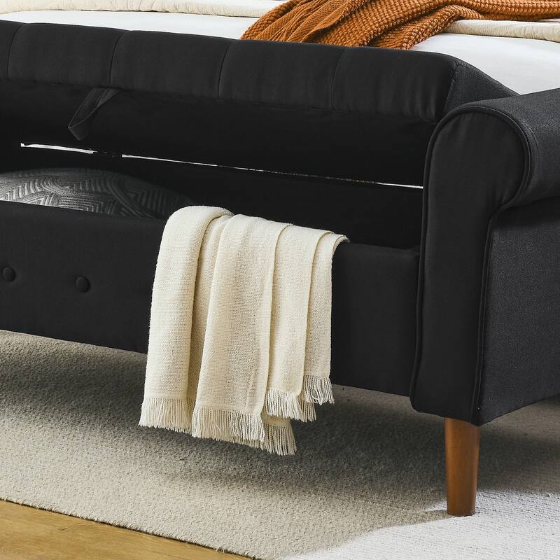 Modern Fabric Upholstered Storage Bench with Tufted Button and Rolled Arm