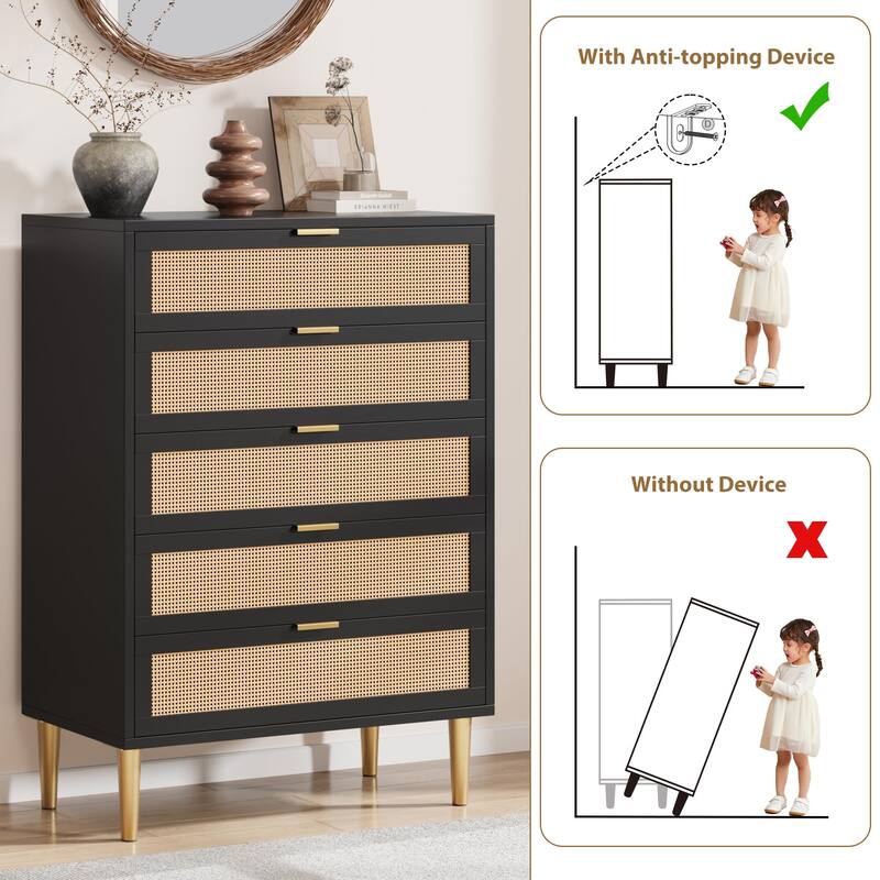 5 Drawer Rattan Dresser, Wooden Chest of Drawers with Rattan Accents & Metal Legs