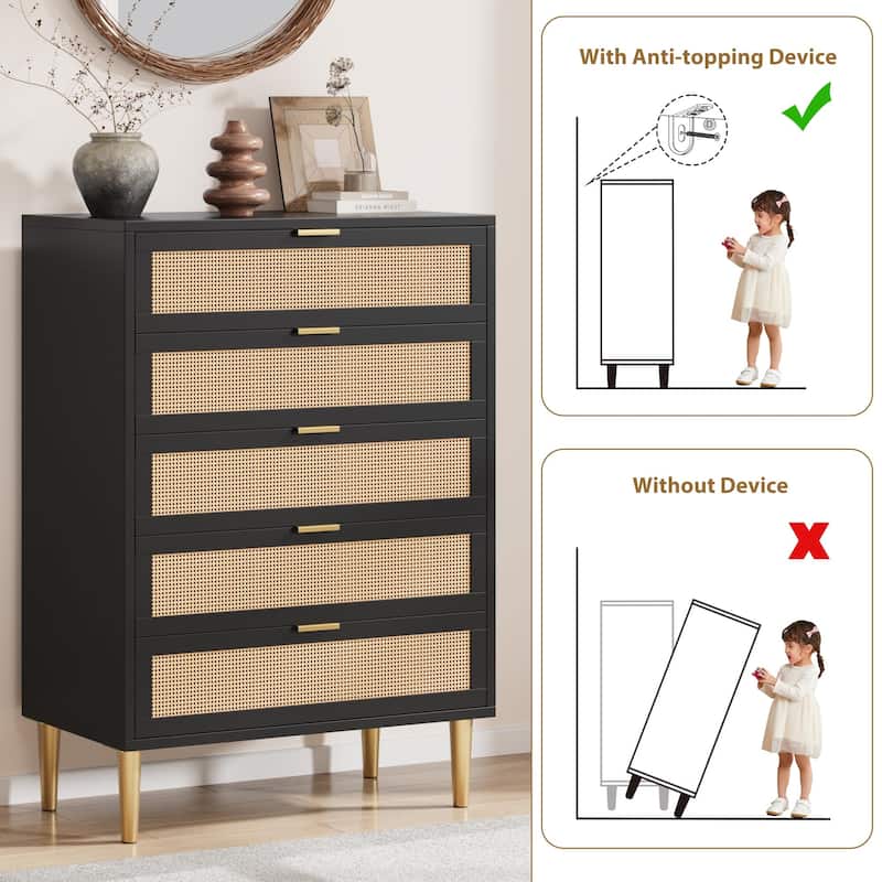 Rattan 5 Drawer Dresser, 44'' Tall Narrow Chest, Farmhouse Vertical Dresser with Metal Legs and Handles