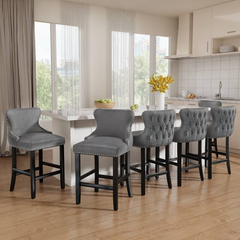 Upholstered Wing Back Bar Stools (Set of 6) - Gray Velvet