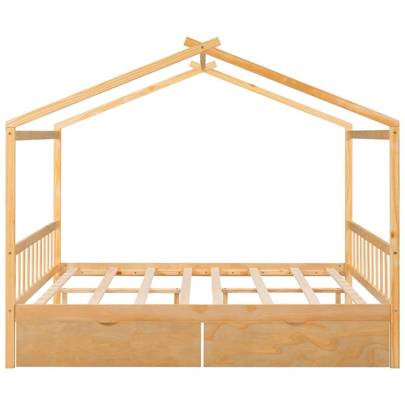Full Size House Platform Bed with Storage Drawers, Roof, Headboard and Footboard