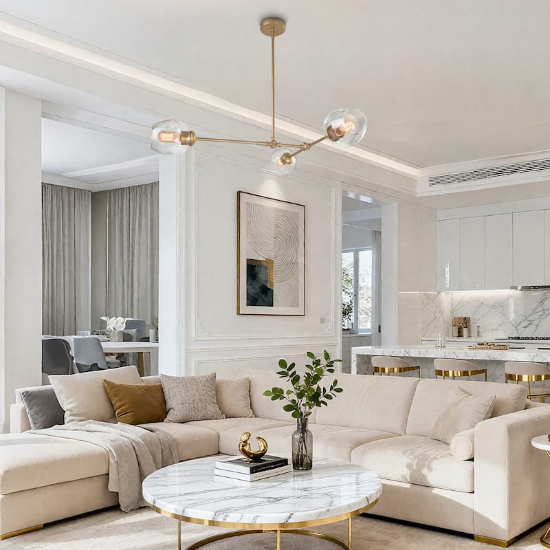 Mid-Century Modern 3-Light Gold Chandelier Island Light for Dining Room - Light Gold - 31.5"W x 29.5"H