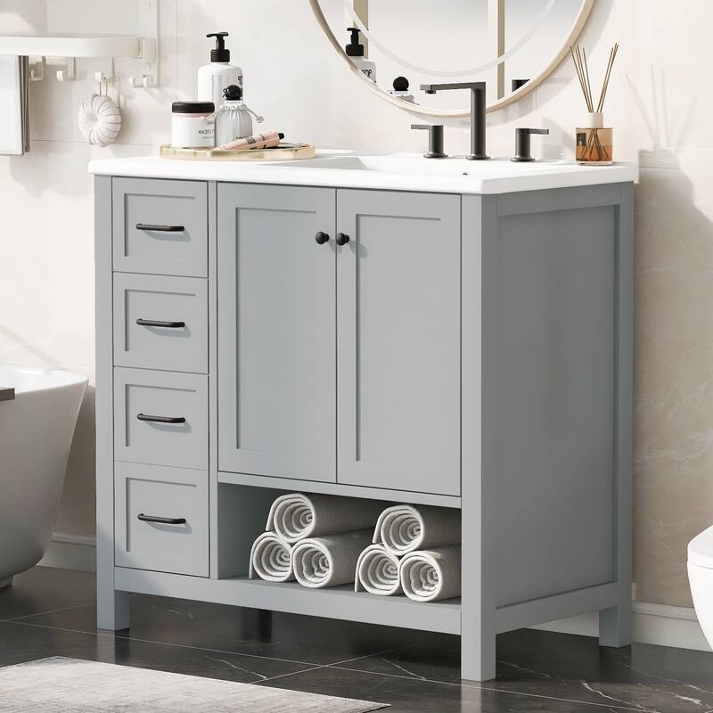 Freestanding Storage Cabinet Bathroom Vanity with Drop-In Sink, Ceramic Top, 2 Doors, 2 Drawers and Open Shelf - Grey