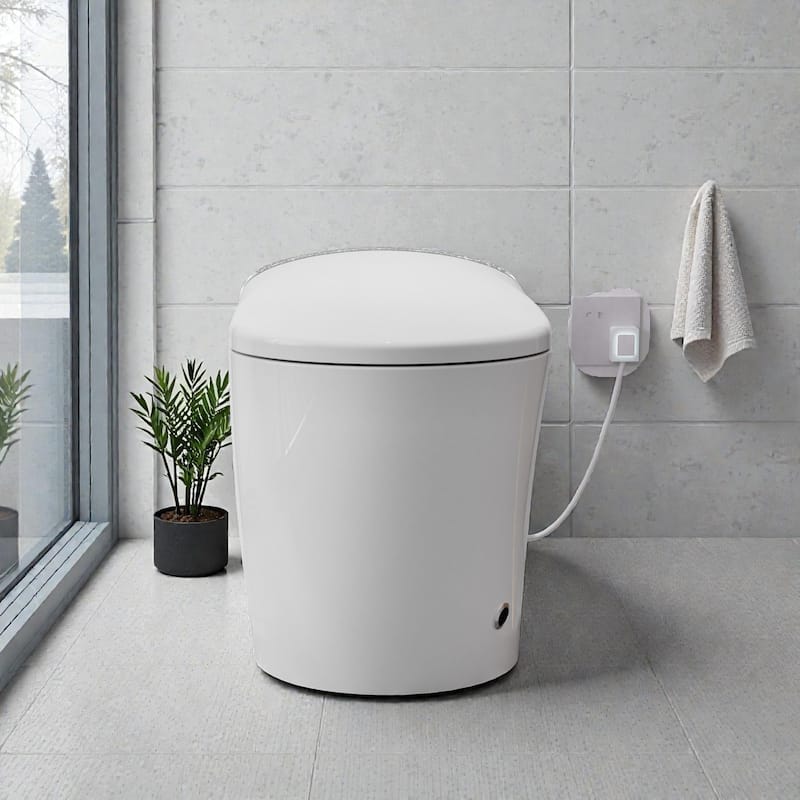 Elongated Smart Toilet with Built In Bidet. Tankless Design. Auto Open Close Seat. Foot Sensor. Warm Water Dryer
