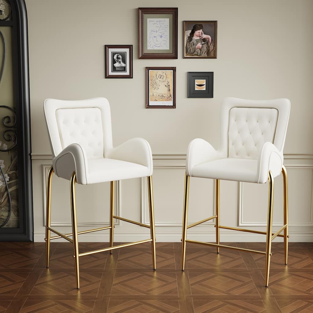 Counter Height Armchairs Set of 2 Velvet Barstools with Tufted Back, Curved Arms, Golden Metal Frame and Plastic Glides Foot Pad