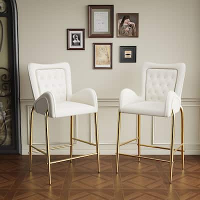 Velvet Bar Stools Set of 2, Counter Height Low Back Arm Chairs with Metal Legs, Kitchen Island Stools with Footrests