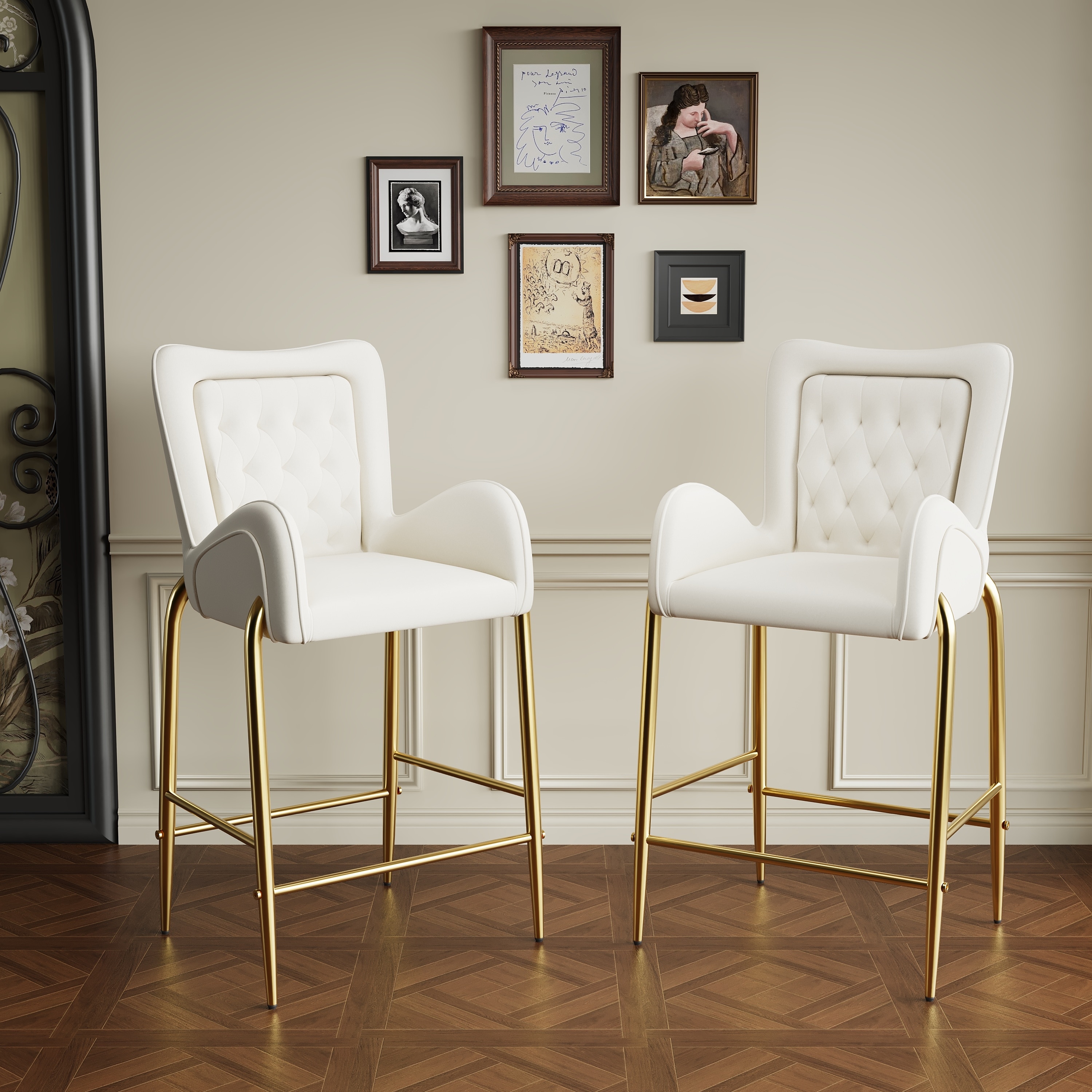 Velvet Bar Stools Set of 2, Counter Height Low Back Arm Chairs with Metal Legs, Kitchen Island Stools with Footrests