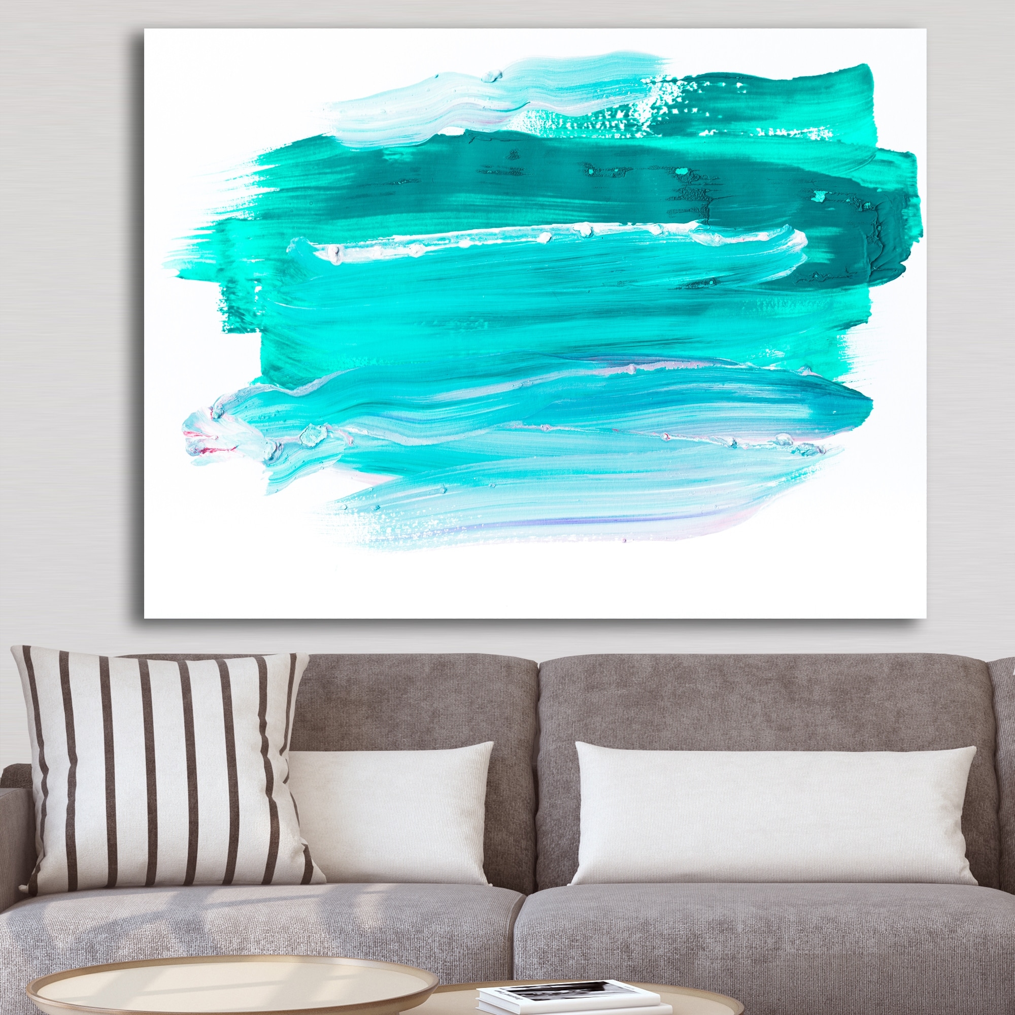 Designart Turquoise Paint Strokes on White Background Abstract
